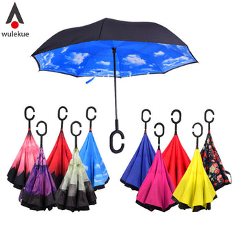 Windproof Reverse Folding Double Layer Inverted Chuva Umbrella, Self Standing