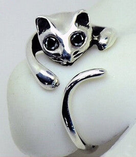wholesale New Fashion Free Shipping 2017 Cute Silver Animal Cat Shaped Ring With Rhinestone Eyes Adjustable Cuff Opening Rings