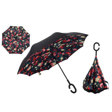 Windproof Reverse Folding Double Layer Inverted Chuva Umbrella, Self Standing