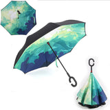 Windproof Reverse Folding Double Layer Inverted Chuva Umbrella, Self Standing